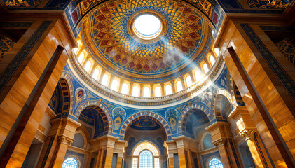 Obraz premium A grand, ornate interior of a mosque with intricate architecture, colorful rugs, and beams of light streaming through the windows, creates a serene and majestic atmosphere.