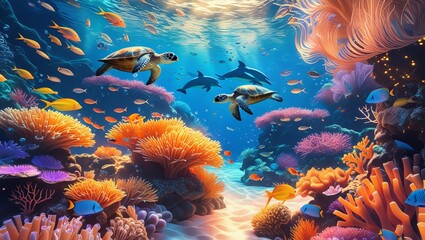 Vibrant Underwater Scene with Turtles, Coral Reef, and Tropical Marine Life