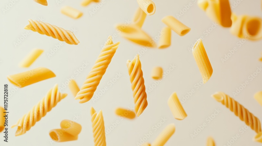 Aufkleber Several pieces of uncooked penne and fusilli pasta levitating on a plain white background, creating an interesting visual for food and cooking concepts