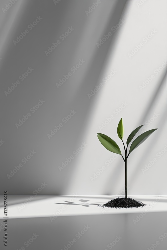 Poster minimalist representation of single sprouting seedling in fresh soil with ample copy space