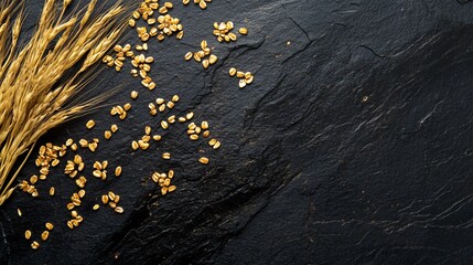 Golden barley grains artfully scattered, isolated on a dark slate background with rich contrast