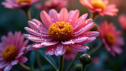 Close-Up of a Pink Flower with Dewdrops in Sunlight

