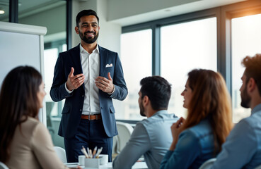 Indian businessman leads professional development session for team members in office. Group listens attentively to presentation. Business meeting workshop setting. Modern office space. Business