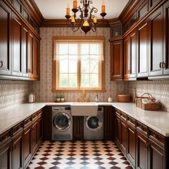 Classic interior laundry room. Classic style laundry room interior design. with pattrent wall, hanging lamp, washing machine and wooden cabinet. Architecture interior. Classic interior. Classic style.