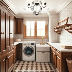Classic interior laundry room. Classic style laundry room interior design. with pattrent wall, hanging lamp, washing machine and wooden cabinet. Architecture interior. Classic interior. Classic style.