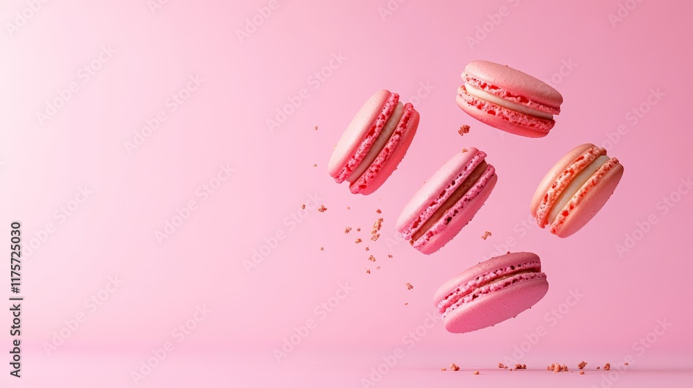 Poster five pink macarons floating gracefully against a soft pink background, surrounded by delicate crumbs