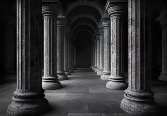 3 d dark concrete interior with diagonal columns