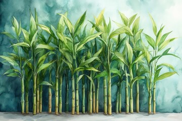 Obraz premium watercolor illustration of lush sugar cane stalks with vibrant green leaves on an isolated background showcasing the beauty of agriculture and natures bounty