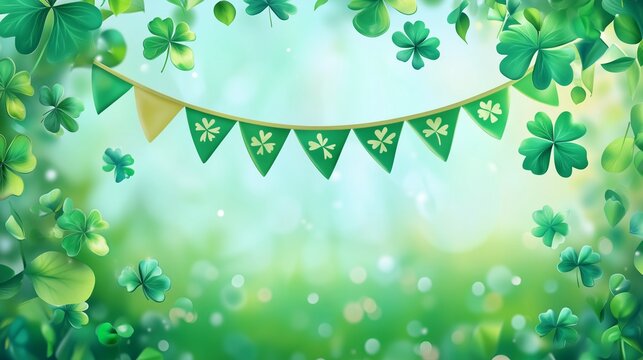 Festive banner in green and yellow colors, decorated with a garland with a clover image. Clover leaves are scattered throughout the image, emphasizing the St. Patrick's Day theme.