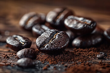 Fototapeta premium Pile of coffee beans on a wooden surface