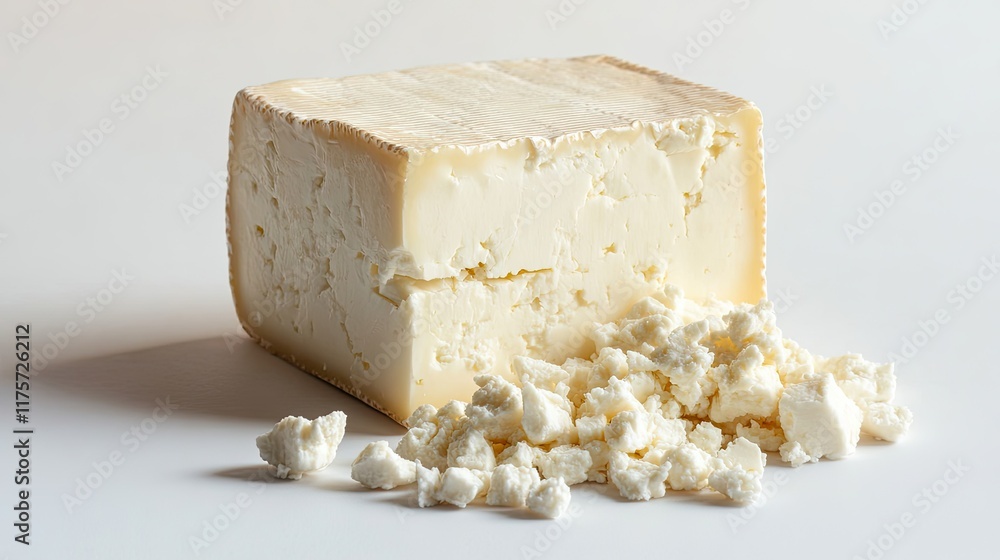 Poster neatly cut block of feta cheese lightly crumbled on pristine white background with ample copy space