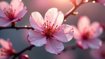 Obraz premium Elegant Cherry Blossom Close-Up with Dewdrops Illuminated by Soft Evening Light