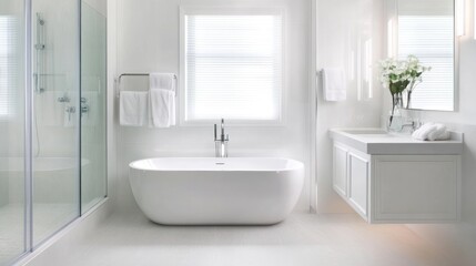 Fototapeta premium Modern bathroom featuring a freestanding tub and elegant fixtures.