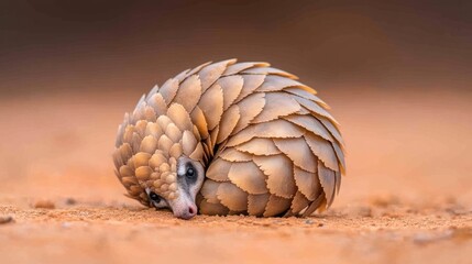 Obraz premium A curled-up pangolin resting on the ground, showcasing its scales.