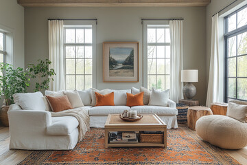 Fototapeta premium Serene Living Room With White Sofa And Orange Accents
