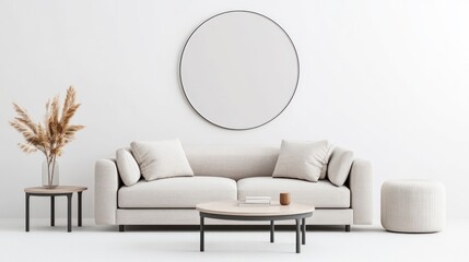 Modern living room with neutral tones and minimalist decor.