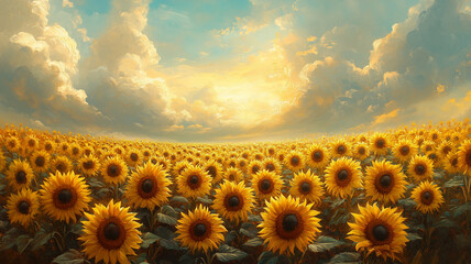 Obraz premium field of sunflowers bright yellow sun