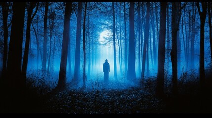 Lone figure in moonlit forest, mysterious atmosphere, horror, fantasy setting