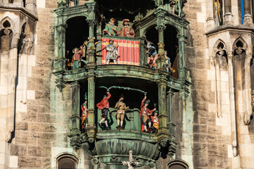 Glockenspiel close up at New Town Hall (Neues Rathaus) at Marienplatz in Munich, Bavaria, Germany