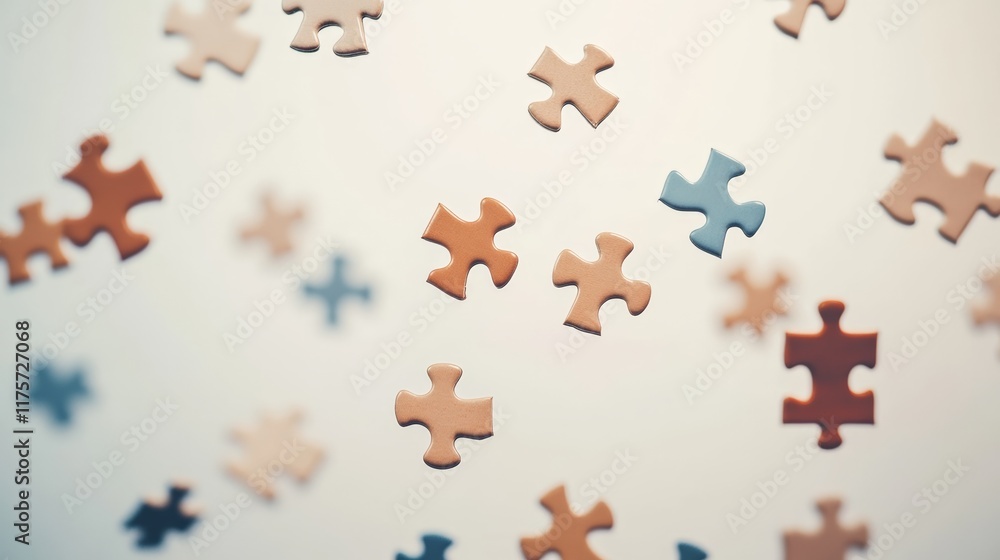 Poster colorful puzzle pieces levitate against a light background, creating a sense of wonder and prompting