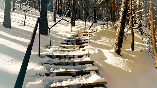 Snow-covered wooden stairs leading through a forest in winter
