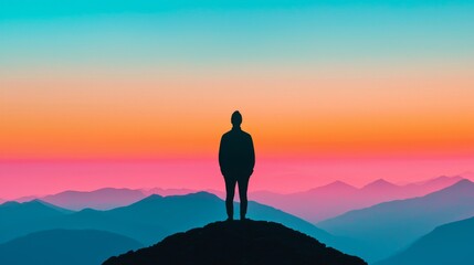 A silhouetted figure stands on a peak, gazing at a vibrant sunrise over layered mountains, symbolizing solitude and contemplation.