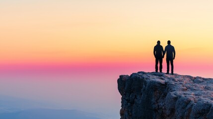 Fototapeta premium Two figures stand hand-in-hand on a rocky ledge, silhouetted against a vibrant sunset sky, symbolizing connection and adventure.