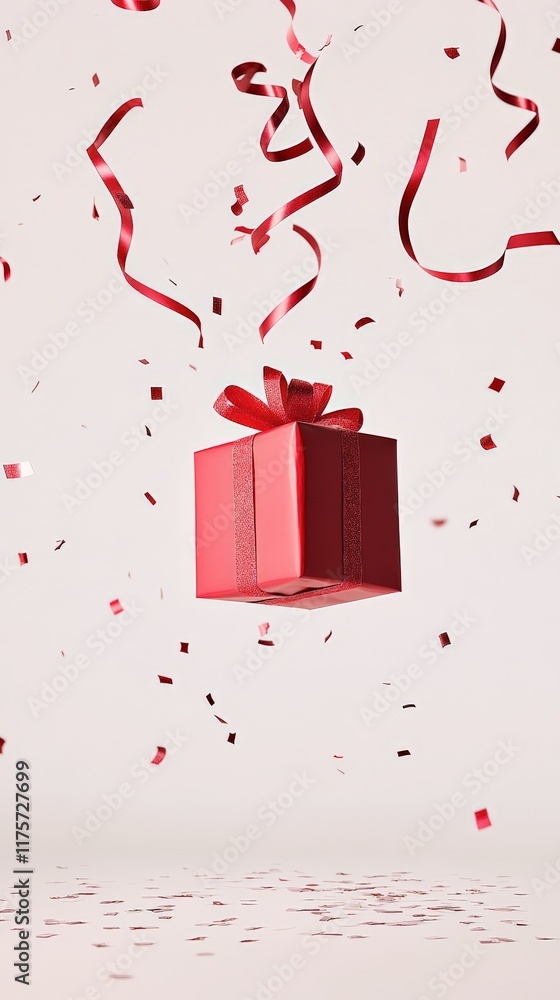 Poster Red gift box wrapped with a ribbon floating in the air with falling confetti and ribbons, creating a festive and celebratory atmosphere on a simple white background