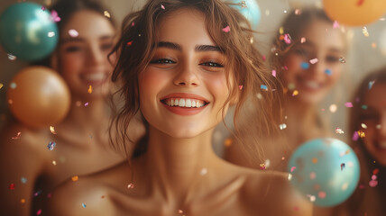 Fototapeta premium A girl with a model appearance is happy celebrating her birthday the concept of the holiday is around confetti balls