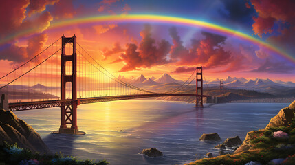 Fototapeta premium Golden Gate Bridge at Sunset with Rainbow