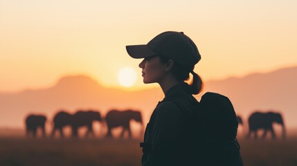 A silhouette of a woman wearing a cap against a sunset backdrop, with elephants grazing in the distance, evoking a sense of adventure and connection to nature.