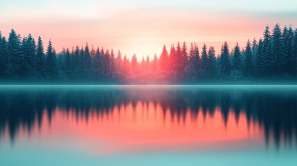Fototapeta premium A serene lake reflects a colorful sunset, framed by tall evergreen trees, creating a tranquil and picturesque natural scene.