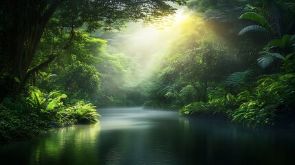 Obraz premium Serene River Flowing Through Sunlit Forest with Tranquil Ambiance
