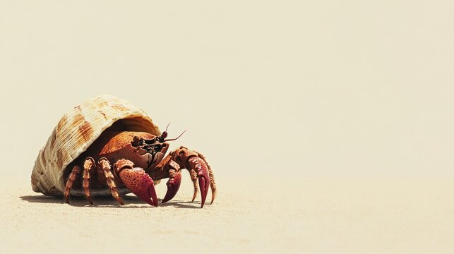 Hermit crab in shell on sandy beach.