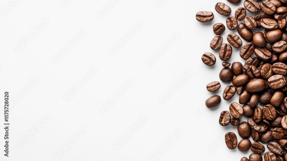 Poster roasted coffee beans are scattered on a white background, creating a visually appealing border with 
