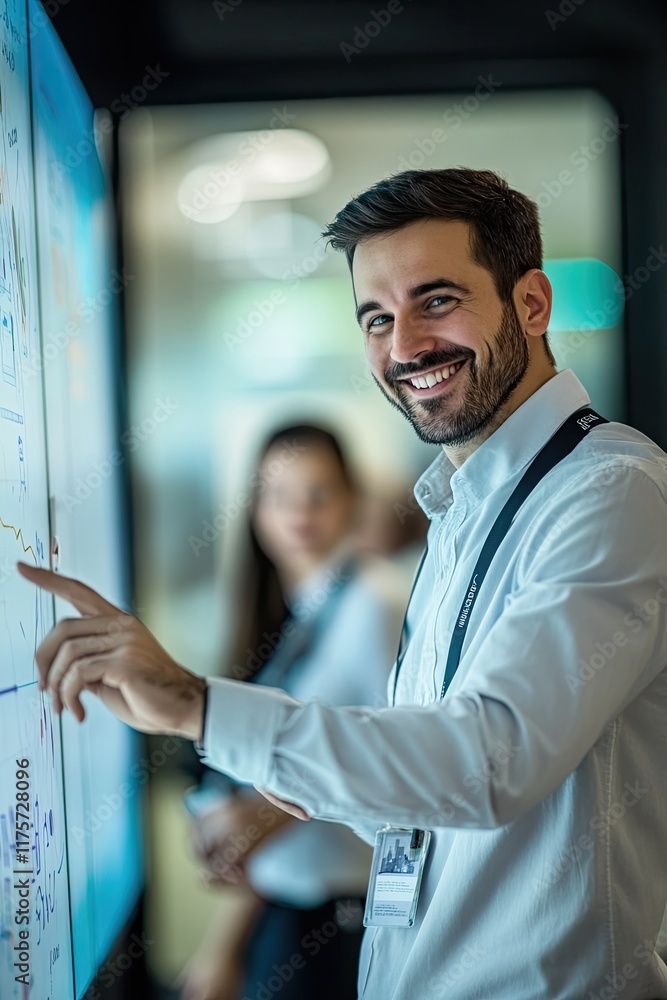 Poster professional instructor smiling and holding pointer while explaining concept on large digital screen