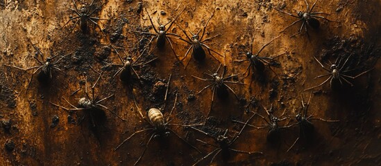 Arachnid Swarm: A Dark and Gritty Macro Photography of Spiders on a Decaying Surface