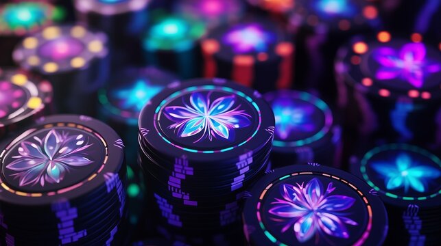 Bright and colorful game pieces with a spectacular flower pattern. They are stacked high and lit with neon lights, creating a casino or party atmosphere.