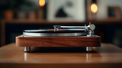 Obraz premium Minimalist Vinyl Record Player with Classic Wood and Metal Details in Diffused Studio Lighting
