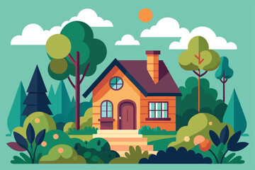 Naklejka premium This cozy home is surrounded by lush greenery, with colorful bushes and vibrant trees on a sunny day, A stylized representation of a cozy home surrounded by a lush garden