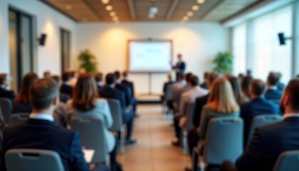 Business seminar in progress. Many people attend. Speaker presenting on stage. Indoor setting. Likely corporate conference workshop. Focus on business development, pro learning. Blurry image offers