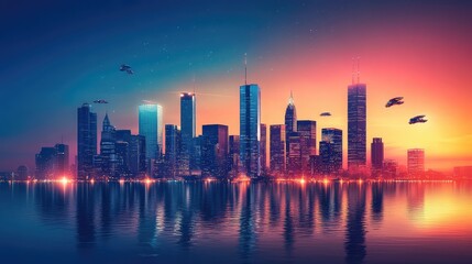 Fototapeta premium Skyline of a futuristic city with towering skyscrapers and flying cars