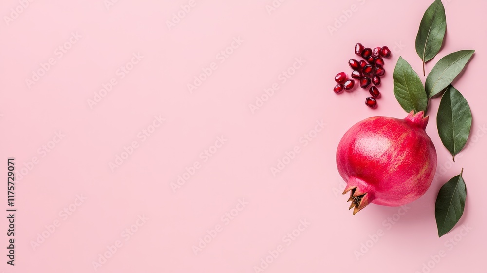 Aufkleber creative layout featuring a whole pomegranate with some seeds and green leaves levitating on a vibra