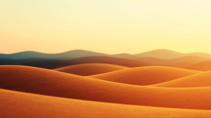 A serene desert landscape featuring rolling sand dunes illuminated by a warm sunset, creating a tranquil and picturesque scene.