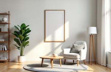 Modern living room interior with wooden bookshelf, white armchair, round coffee table, plant, floor lamp. Blank poster frame on wall. Natural light streams in through window. Cozy, inviting space.