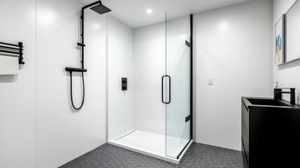 Modern bathroom featuring a sleek shower and minimalist design.