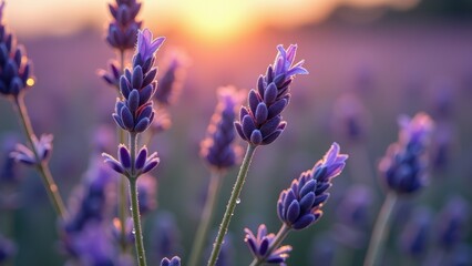 Obraz premium Beautiful Lavender Field During Sunset with Purple Blossoms in Vibrant Light
