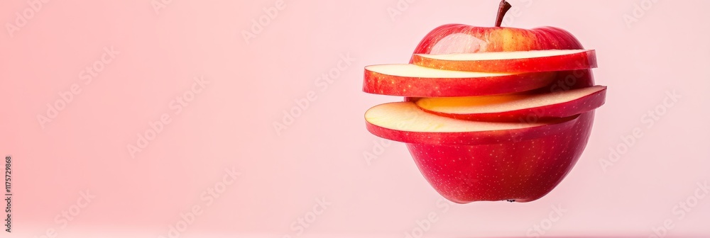 Poster Ripe red apple is sliced and magically levitating against a vibrant pink backdrop, creating a surreal and visually appealing scene with a modern aesthetic