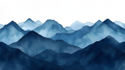 A decorative silhouette of watercolor mountains in a gradient of blue tones, from dark to pale, hand-drawn on textured paper for page design.
