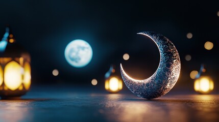 Fototapeta premium A serene night scene featuring a crescent moon and lanterns.